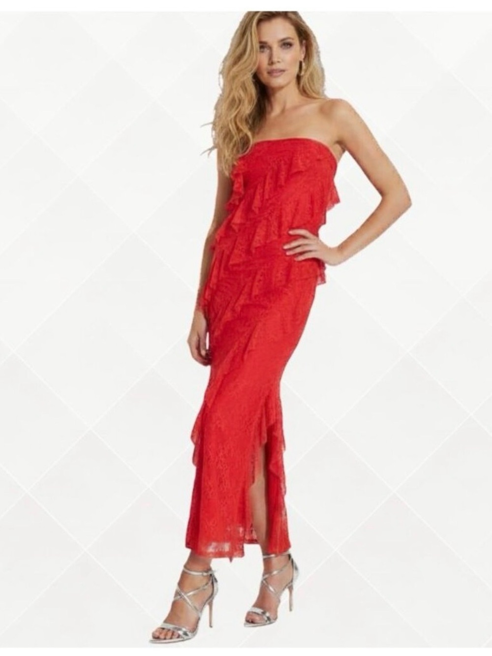 Strapless Red Ruffle Lace Maxi Dress